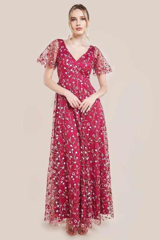 Goddiva Flutter Sleeve Floral Embroidered Maxi - Burgundy