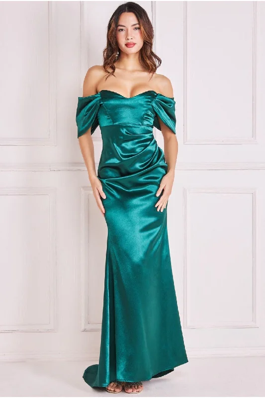 Goddiva Off Shoulder Satin Maxi With V Neck - Emerald