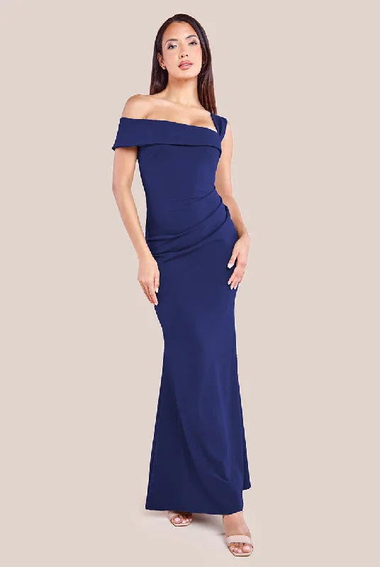 Goddiva Off The Shoulder Pleated Waist Maxi Dress - Navy