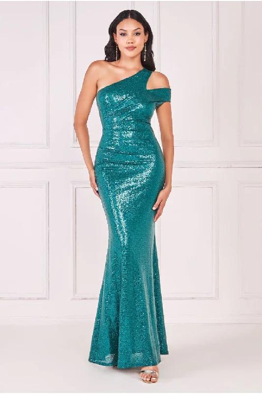 Goddiva One Shoulder Sequin Evening Maxi - Emerald Green