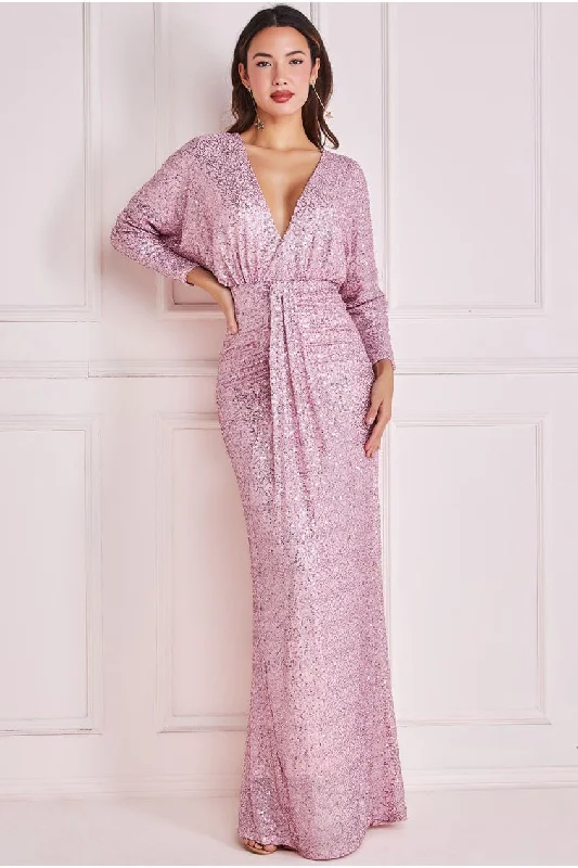 Goddiva Plunge V-Neck Sequin Maxi - Blush