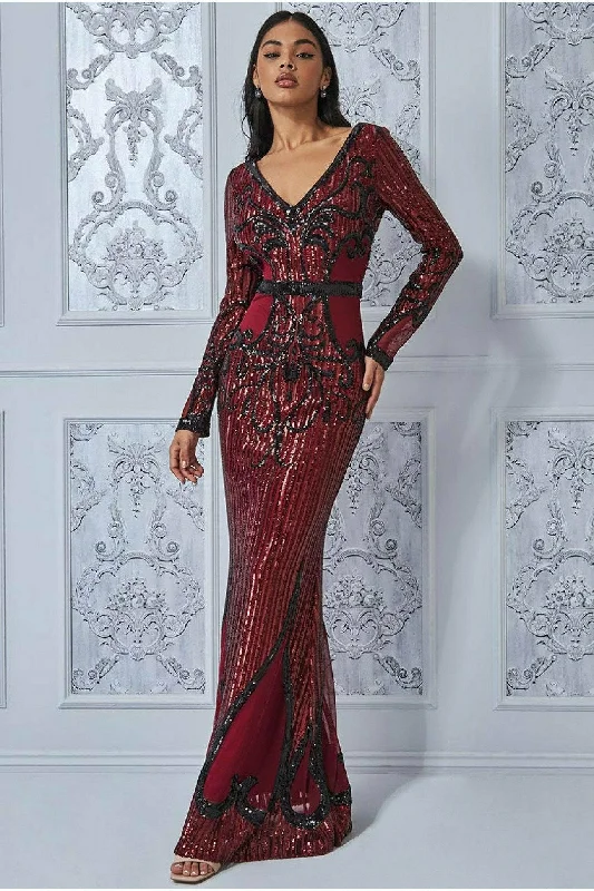 Goddiva Sequin & Mesh Embroidered Maxi - Wine