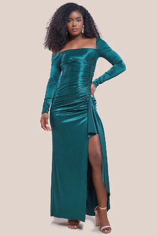 Goddiva Slinky Satin One Shoulder Split Maxi Dress - Emerald Green