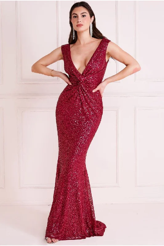 Goddiva Twisted Front Sequin Maxi - Burgundy