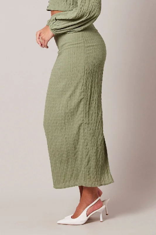 Green Midi Skirt High Rise Textured Fabric