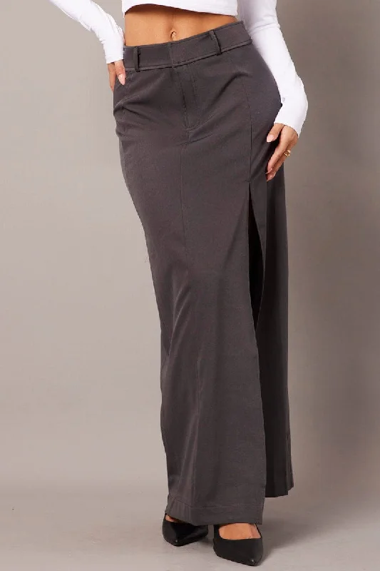 Grey Midi Skirt Tailored High Waist