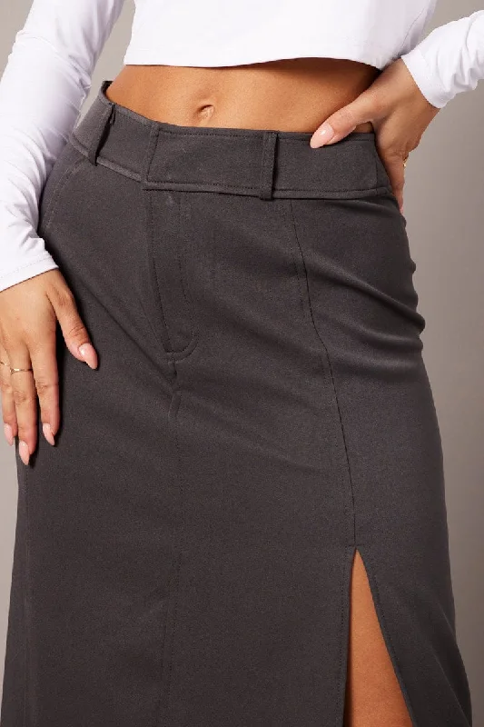 Grey Midi Skirt Tailored High Waist