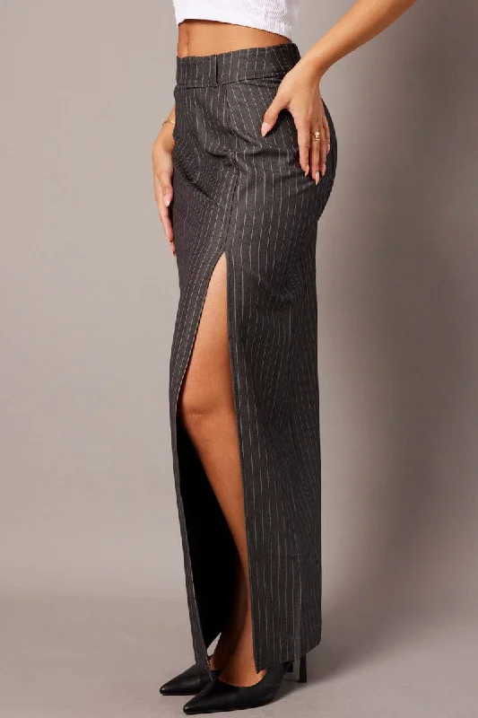 Grey Stripe Midi Skirt Tailored High Waist