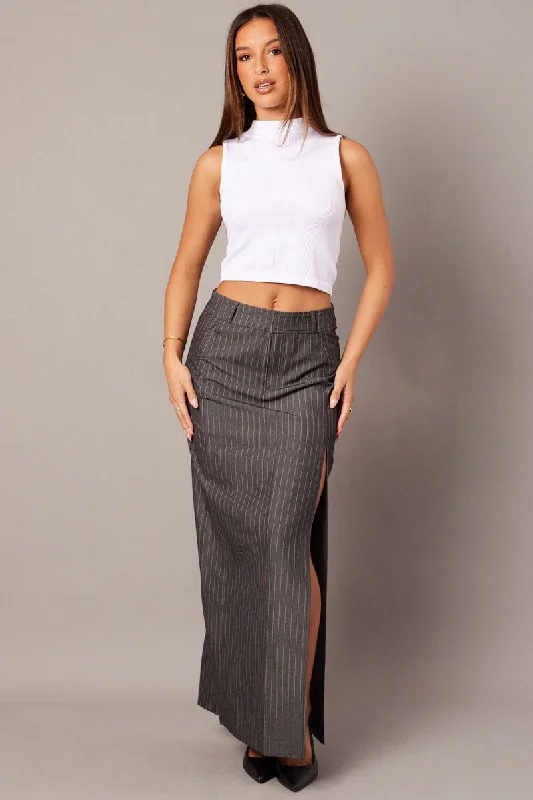 Grey Stripe Midi Skirt Tailored High Waist