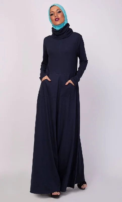 High Neck Collared And Pockets Detail Abaya Dress