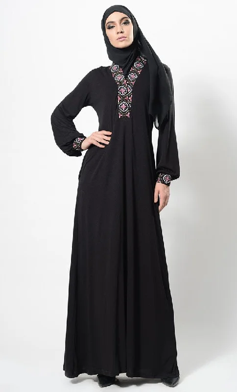 Machine Embroidered Flared Abaya Dress And Hijab Set