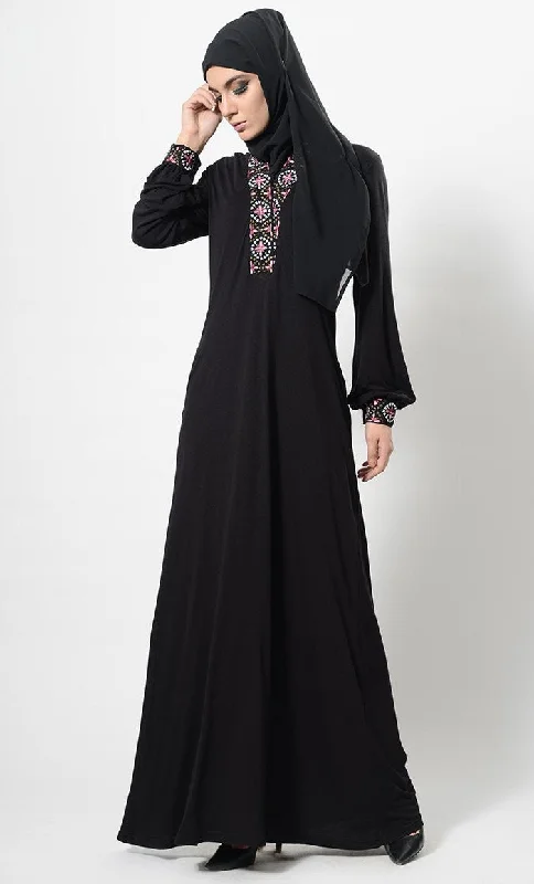 Machine Embroidered Flared Abaya Dress And Hijab Set