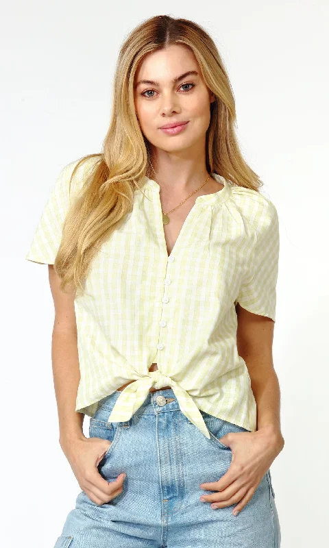 Jinny Button Down Tie Front Gingham Top