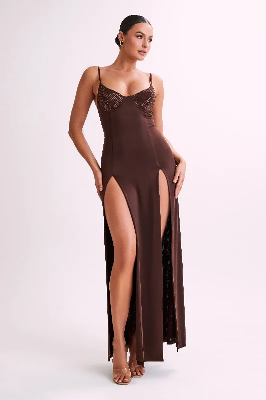 Jojo Jersey Split Maxi Dress With Diamante - Chocolate