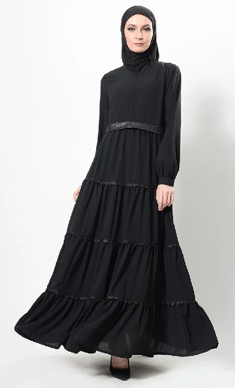 Faux Leather And Lace Work Multi Tiered Abaya And Hijab Set