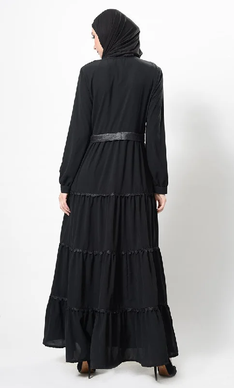 Faux Leather And Lace Work Multi Tiered Abaya And Hijab Set