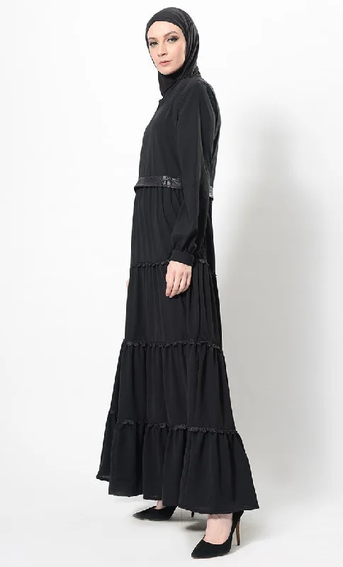 Faux Leather And Lace Work Multi Tiered Abaya And Hijab Set