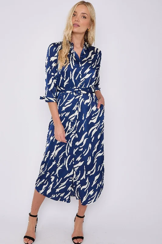 LOVE SUNSHINE Blue Print Half Sleeve Belted Satin Maxi Shirt Dress