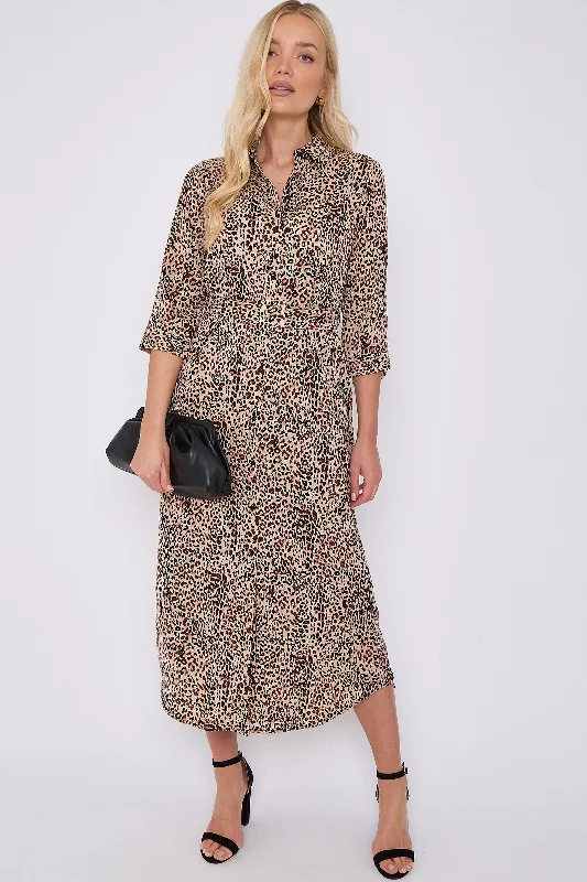 LOVE SUNSHINE Brown Leopard Print Half Sleeve Belted Maxi Shirt Dress