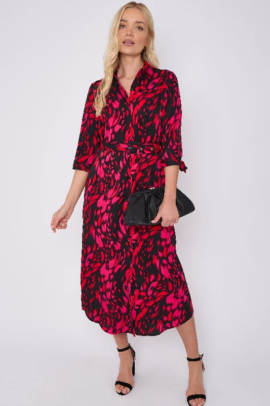 LOVE SUNSHINE Fuchsia Leopard Print Half Sleeve Belted Maxi Shirt Dress