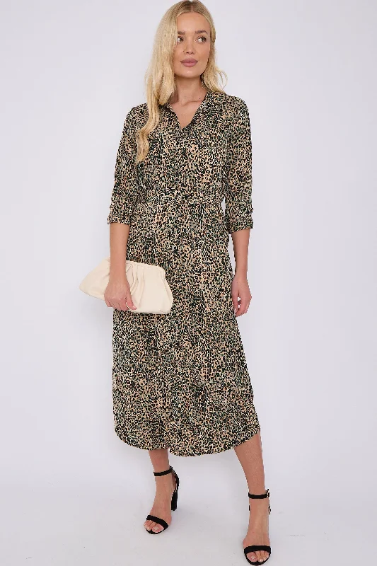 LOVE SUNSHINE Green Leopard Print Half Sleeve Belted Maxi Shirt Dress