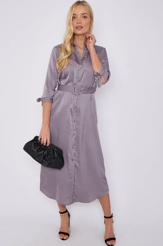 LOVE SUNSHINE Grey Half Sleeve Belted Maxi Shirt Dress