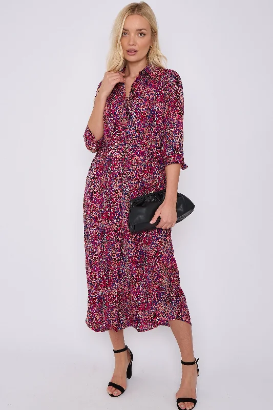 LOVE SUNSHINE Purple Leopard Print Half Sleeve Belted Maxi Shirt Dress