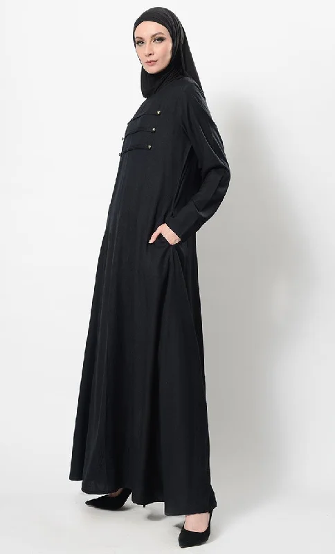 Modest Wear Pleated And Buttons Detail Abaya Dress And Hijab Set