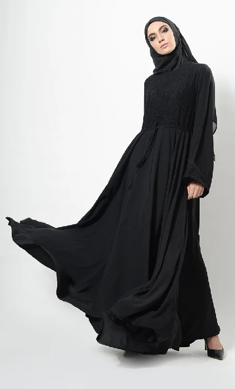 Lace Panel Flared Abaya Dress And Hijab Set