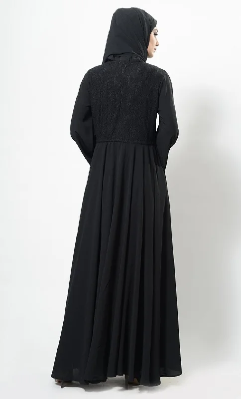 Lace Panel Flared Abaya Dress And Hijab Set