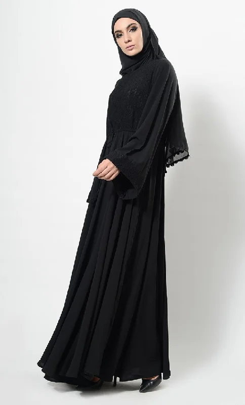 Lace Panel Flared Abaya Dress And Hijab Set