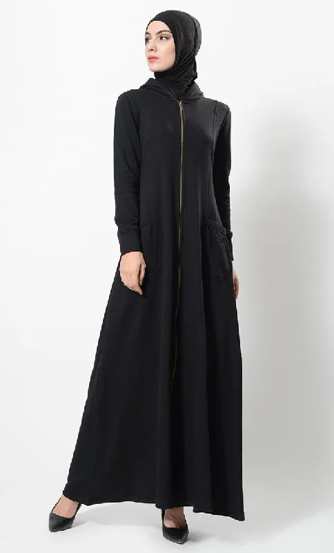 Metallic Zipper Detail Casual Abaya Dress And Hijab Set