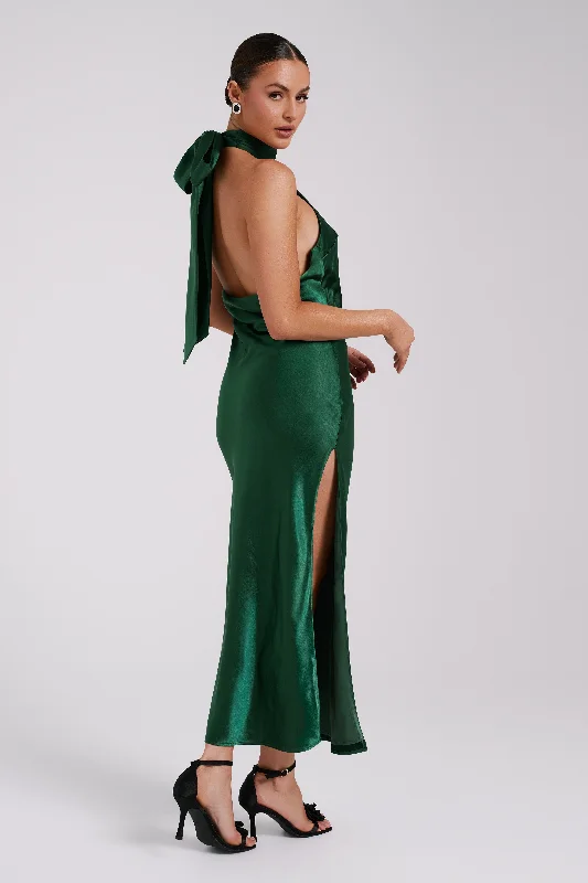 Paulette Satin Midi Dress With Bow - Emerald