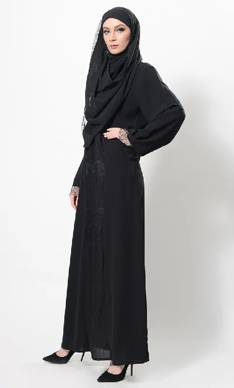 Lace Work Flared Abaya Dress And Hijab Set