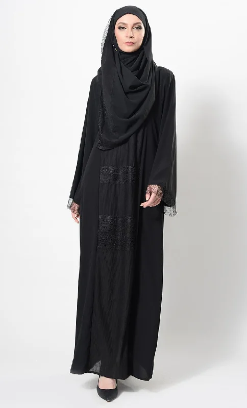 Lace Work Flared Abaya Dress And Hijab Set