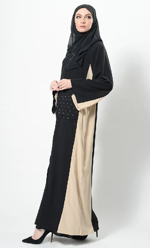 Pearls Embroidered Contrast Panel Abaya Dress And Hijab Set