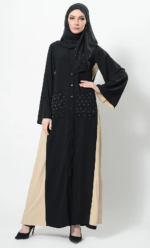 Pearls Embroidered Contrast Panel Abaya Dress And Hijab Set