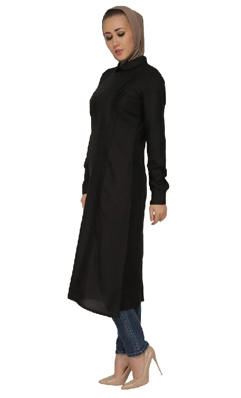 Pleated Panels And Peter Pan Collared Shirt Style Long Tunic (Black)