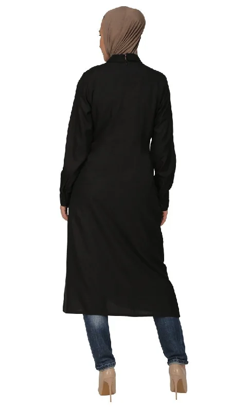 Pleated Panels And Peter Pan Collared Shirt Style Long Tunic (Black)