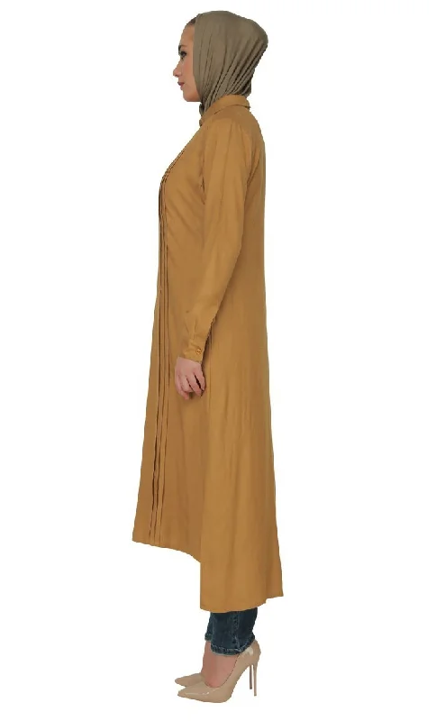 Pleated Panels And Peter Pan Collared Shirt Style Long Tunic (Mustard)