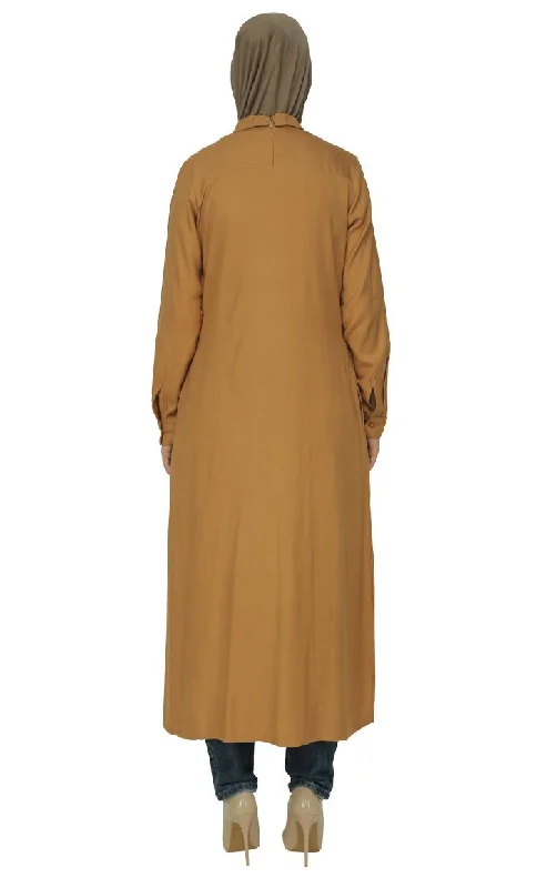 Pleated Panels And Peter Pan Collared Shirt Style Long Tunic (Mustard)