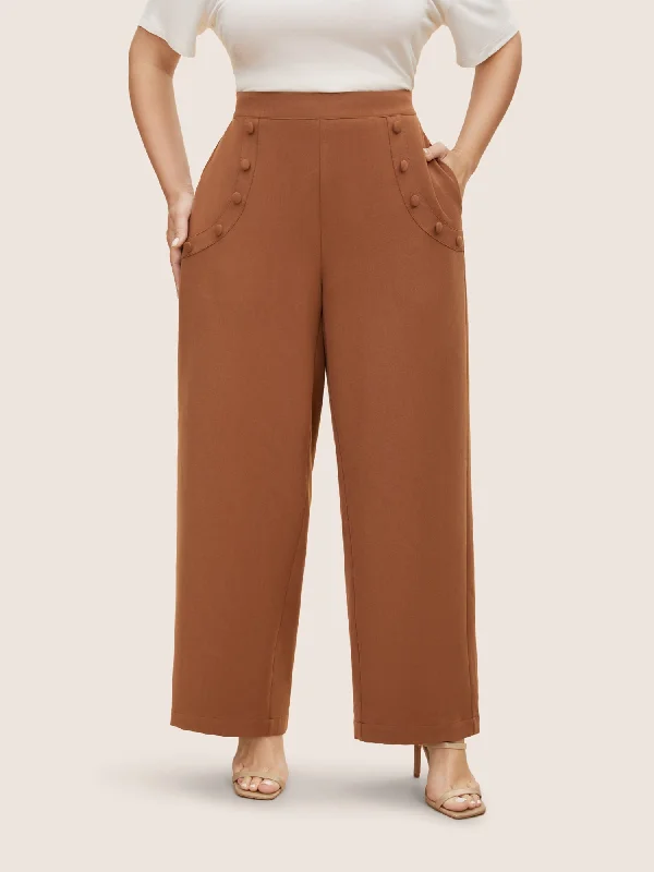 Plain Metal Detail Wide Leg Pants