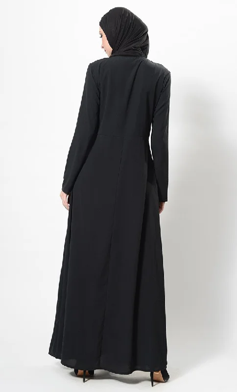 Pleated Button Down Flared Abaya Dress And Hijab Set