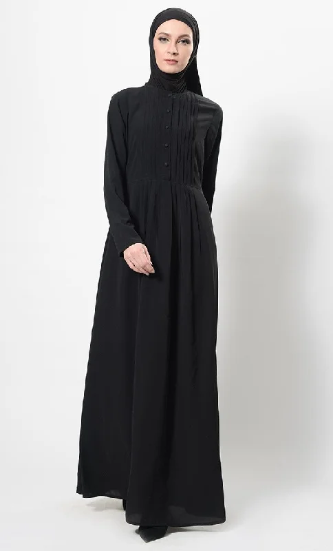 Pleated Button Down Flared Abaya Dress And Hijab Set