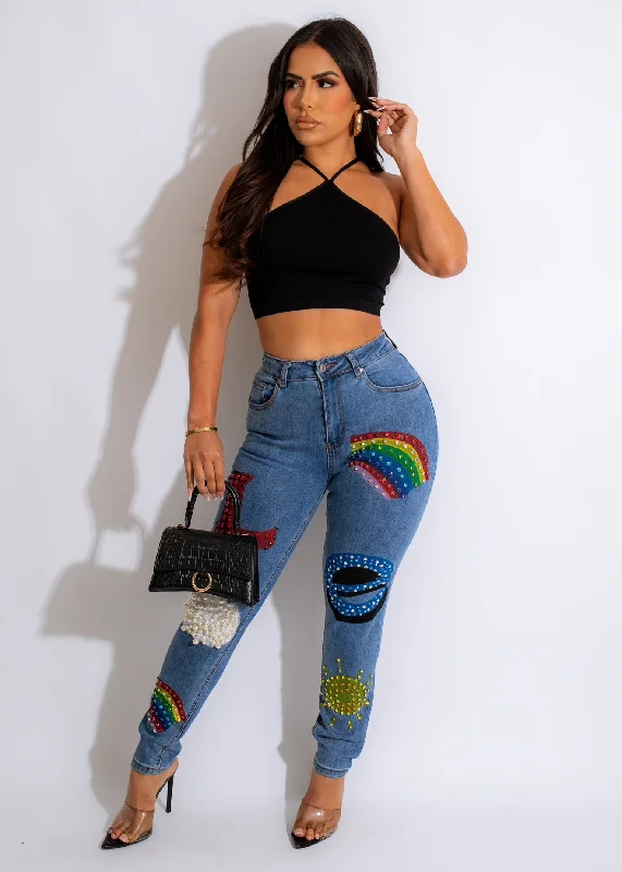 Queen Love Rhinestones Denim Jean