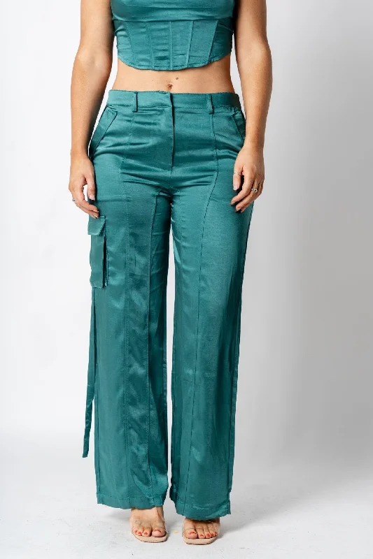 Satin wide leg cargo pants forest green