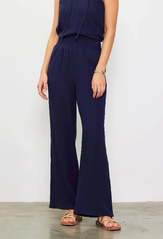 Smocked Waist Wide Leg Pant Navy