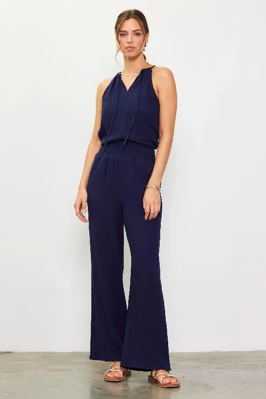 Smocked Waist Wide Leg Pant Navy