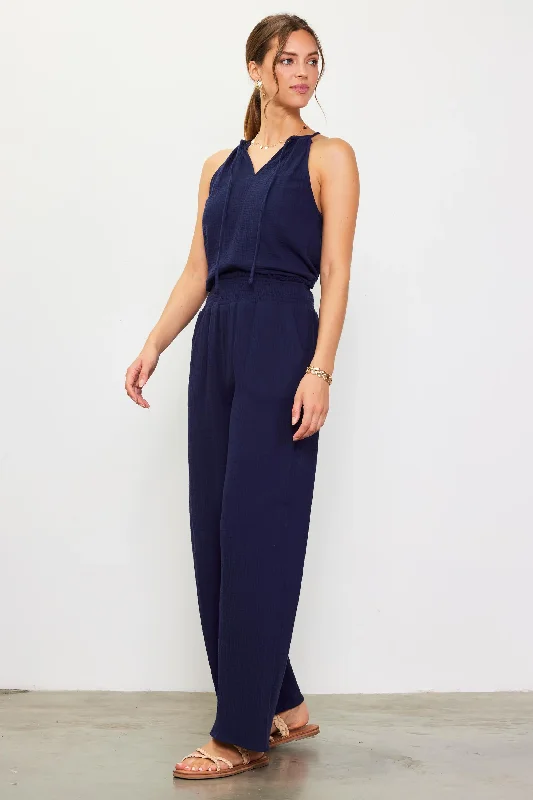 Smocked Waist Wide Leg Pant Navy