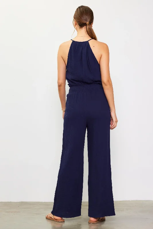 Smocked Waist Wide Leg Pant Navy